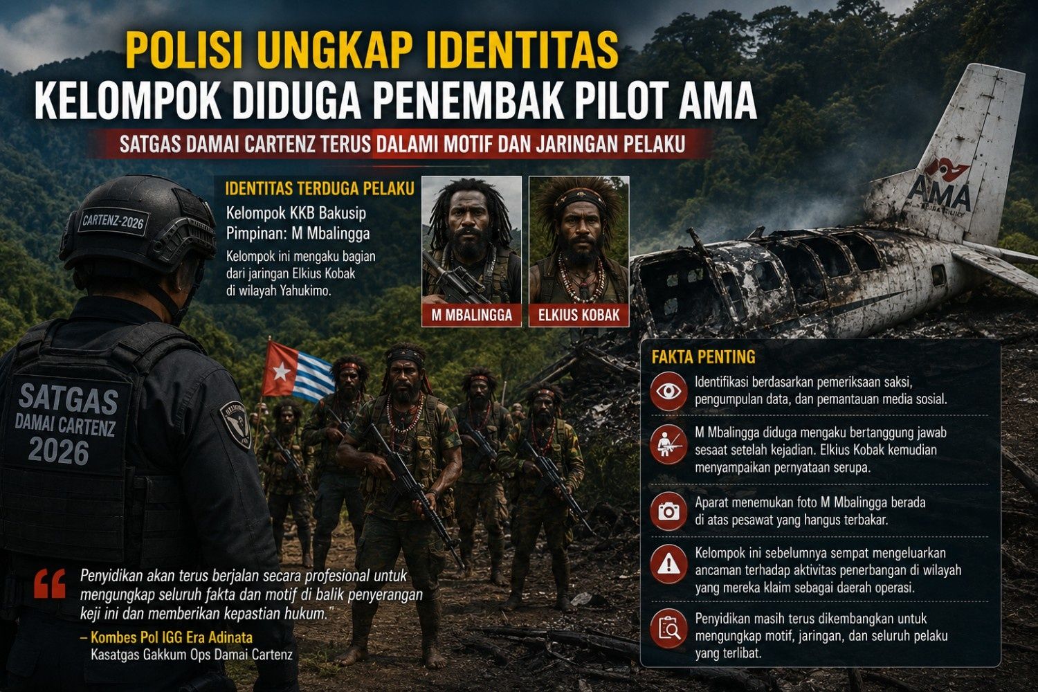 Polisi Ungkap Identitas Kelompok yang Diduga Menembak Pilot AMA, Penyidikan Terus Dikembangkan