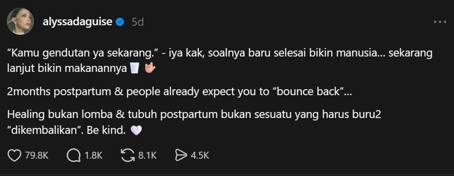 Dikatain Gendut, Alyssa Daguise Tegaskan Tubuh Postpartum Tak Perlu Dipaksa Langsing