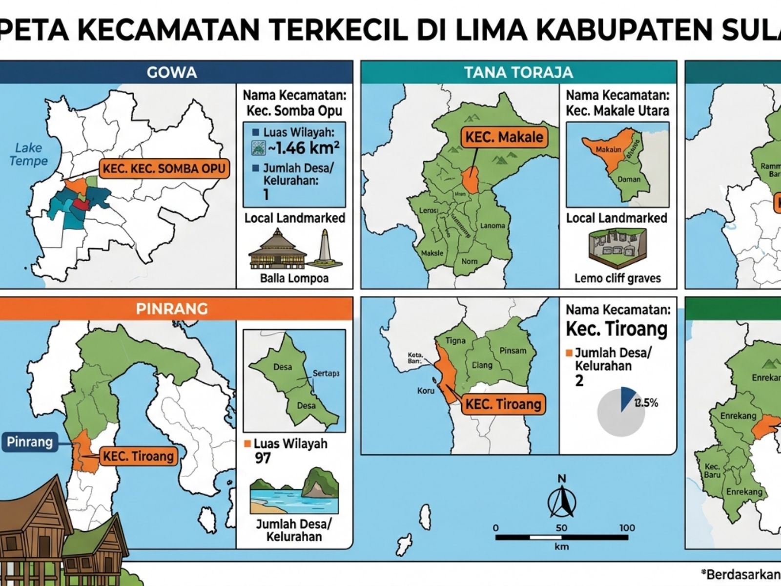 Meski Sempit Namun Padat, Ini Urutan Kecamatan Terkecil di Berbagai Kabupaten Di Sulawesi Selatan