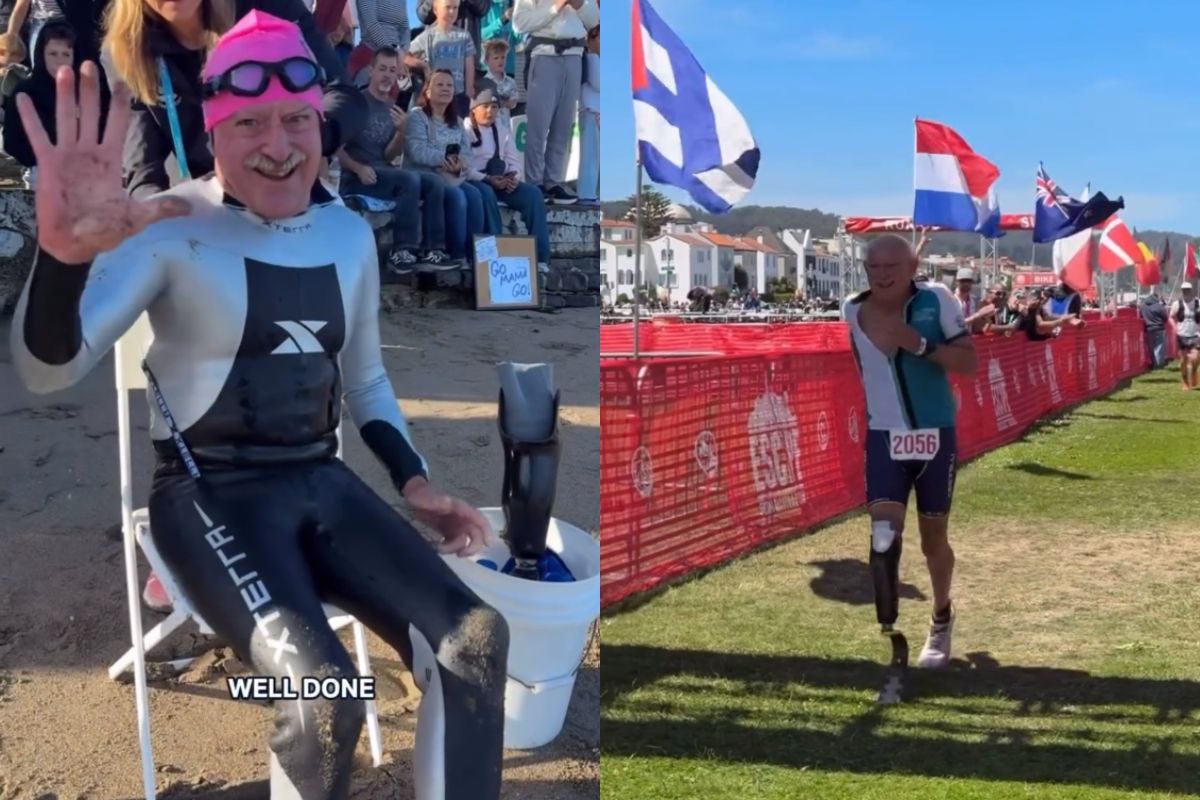 Luar Biasa! Kakek Ini Jadi Peserta Tertua yang Berhasil Finish Triathlon dengan Kaki Prostetik