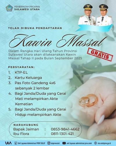 Rayakan HUT provinsi Sulut ke-61, pemprov gelar pemberkatan nikah massal gratis!