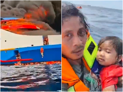 Rekaman KM Barcelona Terbakar di Laut Sulut, Penumpang Lompat Menyelamatkan Diri