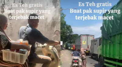 Bikin Adem Liatnya, Aksi Kebaikan Pasutri Bagi-Bagi Es Teh Gratis Ke Sopir Truk yang Kena Macet