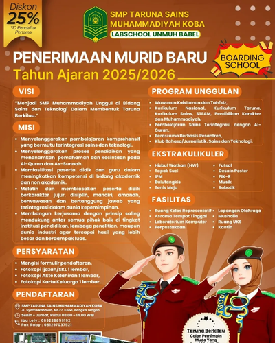 SMP Taruna Sains Muhammadiyah Koba, Berbasis Pesantren, Mencetak Generasi Islam Berakhlak Mulia, Kreatif dan Siap Jadi Pemimpin