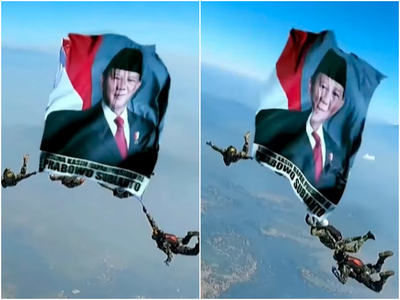 Atraksi Prajurit TNI Bentangkan Spanduk Bergambar Presiden Prabowo di Langit Bandung