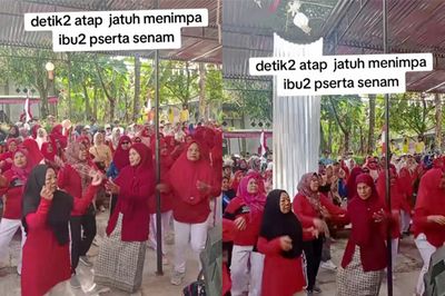 Viral! Emak-emak Lagi Asyik Senam Malah Tertimpa Atap Kanopi, Beruntung Selamat Tanpa Luka