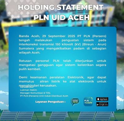 PLN Klarifikasi Pemadaman Listrik di Aceh, Ini Penyebabnya