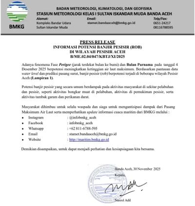 BMKG Rilis Peringatan Rob, Ini Daftar Wilayah Pesisir Aceh yang Kena Dampak