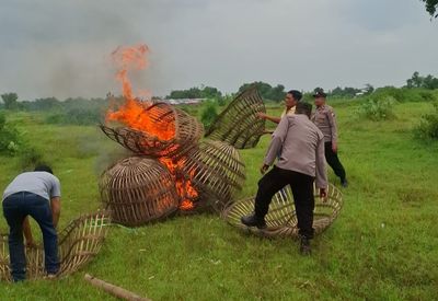 Arena Sabung Ayam di Mojokerto Dibakar Polisi, Penjudi Kocar-Kacir Melarikan Diri