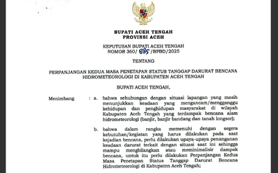 Aceh Tengah Perpanjang Status Tanggap Darurat Bencana hingga 22 Desember