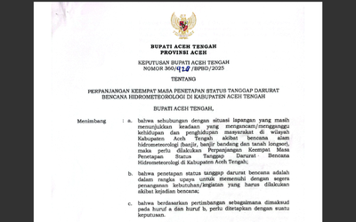 Aceh Tengah Perpanjang Status Tanggap Darurat hingga 8 Januari 2026