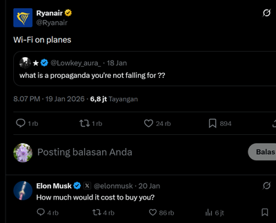 Interaksi Lucu Akun Maskapai Ryanair Tanggapi Tantrum Elon Musk di X: Terima Kasih Marketing Gratisnya Elon!