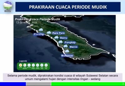 BMKG Prediksi Sebagian Besar Wilayah Sulsel Diguyur Hujan Saat Mudik Lebaran 2026