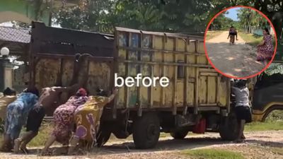 Aksi Ibu-ibu Berdaster Dorong Truk Mogok, Endingnya Tak Sesuai Ekspektasi Malah Bikin Heboh