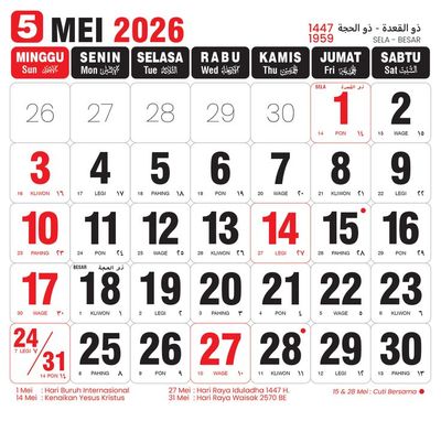 Cuti Bersama Mei 2026 Tanggal Berapa? Cek Jadwal Libur dan Long Weekend Selengkapnya!