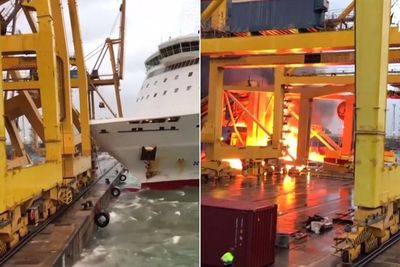 Sebuah Dermaga Terbakar Usai Kapal Ferry Menabrak Crane