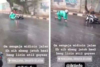 Pengendara Motor Jatuh saat Hujan, Aksinya Bak Valentino Rossi