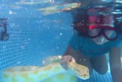 Nggak Ada Takutnya, Gadis Cilik Ini Hobi Berenang Bareng Ular Piton