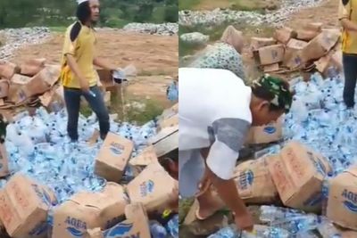 Boikot Produk Prancis, Ratusan Botol Air Mineral Dihancurkan & Dibuang, Netizen: Mubazir!