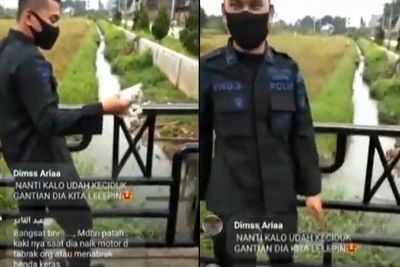Parah! Pria Berseragam Ini Lempar Anak Kucing yang Masih Hidup ke Selokan, Netizen Geram