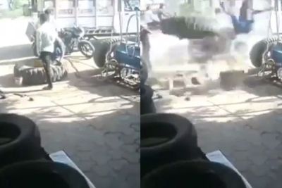 Ngeri! Lagi Diisi Angin, Ban Ini Tiba-tiba Meledak, Dua Pria Terlempar ke Udara