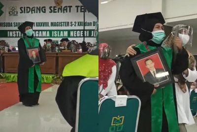 Viral Istri Gantikan Wisuda Suaminya yang Telah Meninggal, Bawa Foto Suami Sambil Menangis