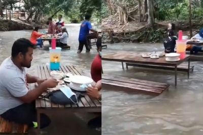 Viral Tempat Makan Unik di Tengah Derasnya Arus Sungai, Netizen: Gak Takut Buaya?
