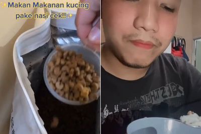 Penasaran dengan Rasanya, Pria Ini Makan Makanan Kucing Pakai Nasi