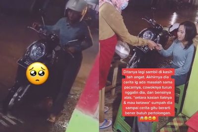 Kasihan! Cewek Ini Ditinggal Pacar hingga Kehabisan Bensin, Dorong Motor Sambil Kehujanan