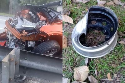 Mobil Proton X50 Hancur Setelah Menabrak Pelek Truk & Ban yang Tertinggal di Pinggir Jalan