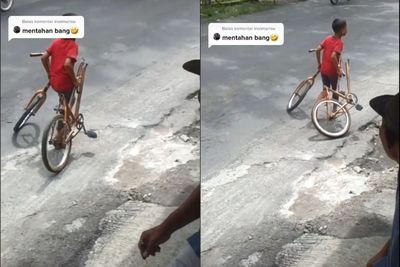 Kocak, Bocah Nangis Tenteng Sepedanya yang Terbelah Dua, Netizen: Sepedanya Jadi Amuba