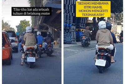 Bonceng Istri Hamil Naik Motor, Suami Tulis Pesan kepada Pengendara Lain Mohon Mengerti