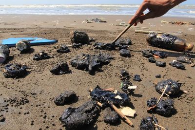 FOTO: Gumpalan Diduga Minyak Mentah Berserakan di Pantai Indramayu
