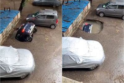 Detik-detik Tempat Parkir di India Amblas dan Mobil Nyungsep ke Dalam Sinkhole
