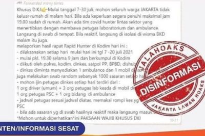 Beredar Isu Razia Warga oleh Tim Covid Hunter Langsung Swab Lewat 19.00, Wagub DKi: Hoaks!