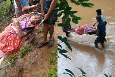 Tak Ada Jembatan, Wanita yang Alami Patah Tulang Ini Dibawa Pakai Tandu Melewati Sungai
