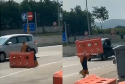 Duh! Emak-emak Ini Pindahkan Pembatas Jalan di Gerbang Tol Soreang Bandung