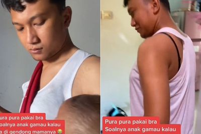 Anti Mainstream! Ayah Ini Pakai Bra Istri saat Momong Anak, Biar Gak Nangis