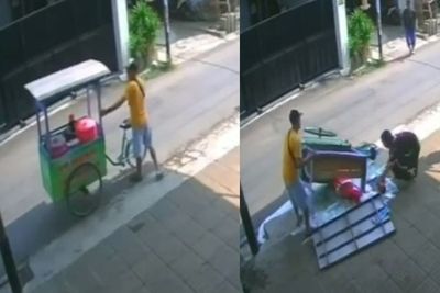 Memilukan, Gerobak Pedagang Es Jatuh Saat Ditinggal Sebentar, Dagangan Tumpah Ruah