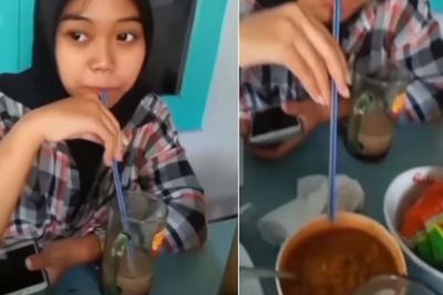 Hii Jorok! Wanita Berhijab Ini Masukan Air Sedotan Bekas Mulut ke Mangkuk Sambal Warung