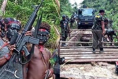 KNPB Hancurkan 2 Jembatan Penghubung Fakario, Personel TNI Gabungan Gercep Bangun Kembali