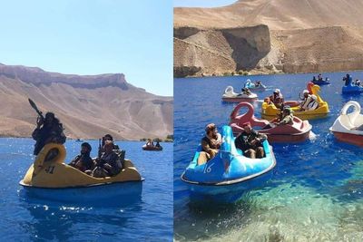 Milisi Taliban Gagah Angkat Senjata Sambil Naik Perahu Angsa Warna-warni di Danau