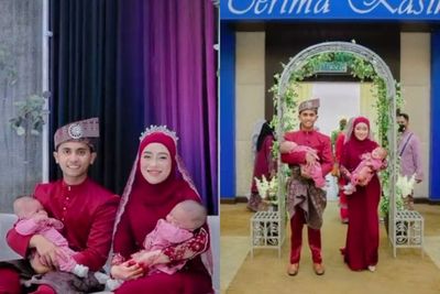 Pasangan Pengantin Ini Gelar Resepsi Sambil Bawa Anak Kembar, Tamu Kaget