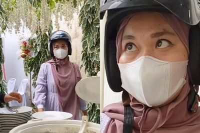 Viral Wanita Lupa Buka Helm di Kondangan, Pas Sadar Langsung Ngakak