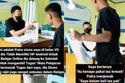 Viral Siswa SMP ke Sekolah Pakai Tas Kresek Tapi Tetap Semangat Belajar, Netizen Salut