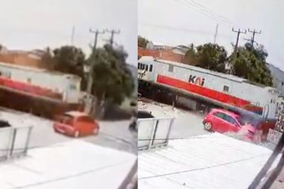 Ngeri! Detik-detik Brio Merah Dihantam Kereta Api di Perlintasan Tanpa Palang di Cilegon