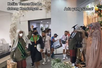 Kocak! Rombongan Ini Hadir di Nikahan Pakai Dresscode Unik, dari Baju Wisuda Sampai Bola
