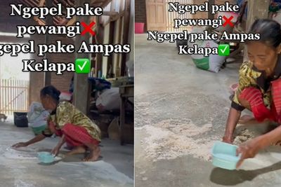 Unik, Emak-emak Ini Mengepel Lantai Pakai Ampas Kelapa, Netizen Asyik Nostalgia