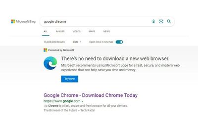 Microsoft Promosikan Browser Edge Saat Pengguna Mau Unduh Google Chrome dari Bing