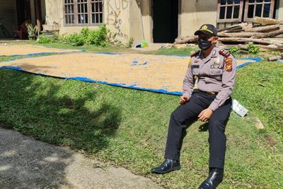 Viral, Polisi Ini Rela Jaga Gabah Biar Petani Mau Divaksin Covid-19